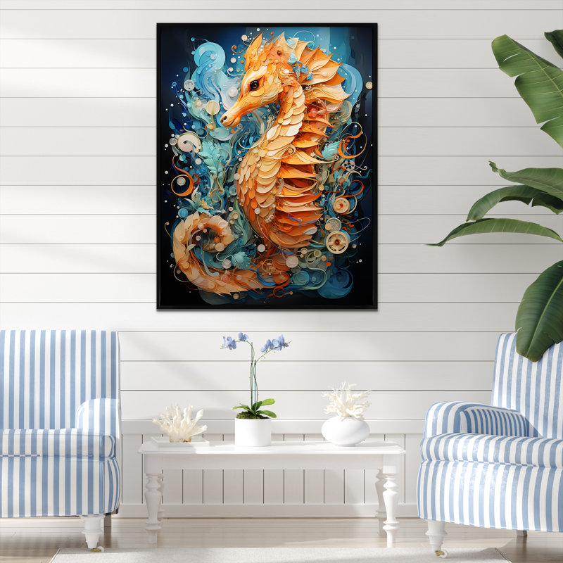 Hippocampe orange et bleu Symphony 1, Cadre doré simple, H 40 po x l 30 po x P 1,5 po