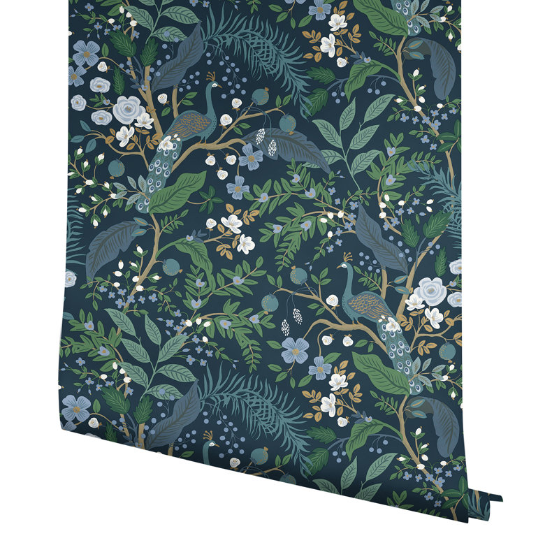Peacock Garden Navy Peel and Stick Wallpaper, Blue