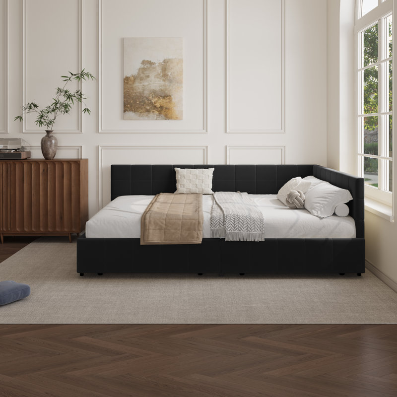 Upholstered Daybed With Backrest, Reversible Armrests, And Storage Drawers, Black, Queen