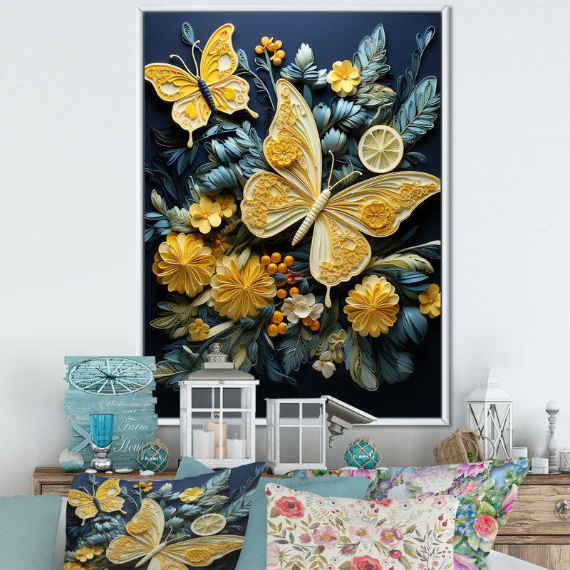Délice de papillon jaune citron sur toile, H 44 po x l 34 po x P 1,5 po, Cadre flottant blanc