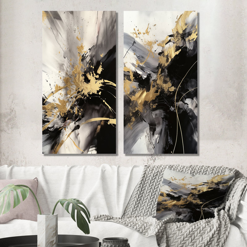 Or et gris fluides fusion II - ensemble d'art mural abstrait de 2 pièces, H 40 po x l 40 po, Toile tendue