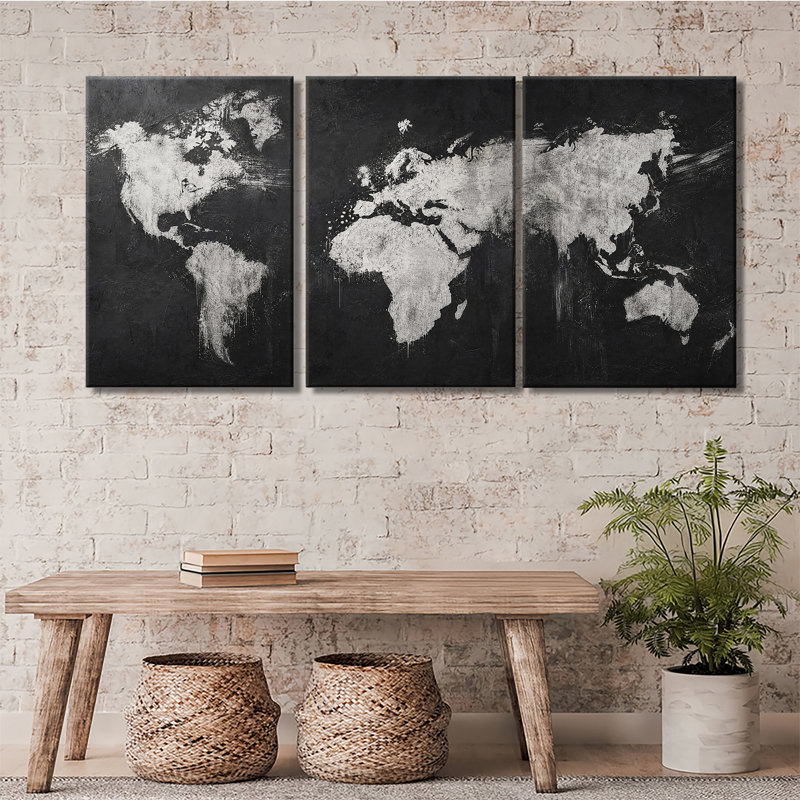 Toile, art mural rétro noir et blanc, carte du monde texturée, décoration murale pour bureau, 24 * 36 pouces * 3