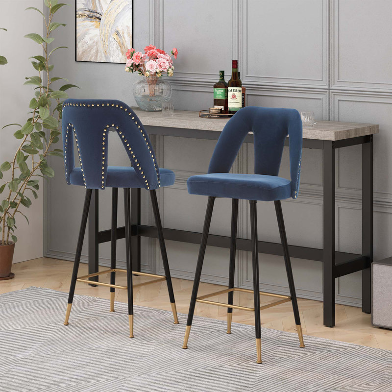 Ensemble de 2 tabourets et tabourets de bar contemporains en velours de 28 po Connor, Bleu