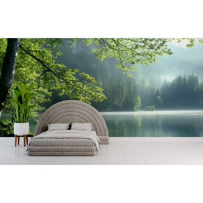 Calm Forest Lake Wallpaper, Misty Trees And Crystal Water, Serene Nature Scene For Tranquil Spaces, Soothing Wall Mural For Spa, Bathroom Or Relaxation Corner