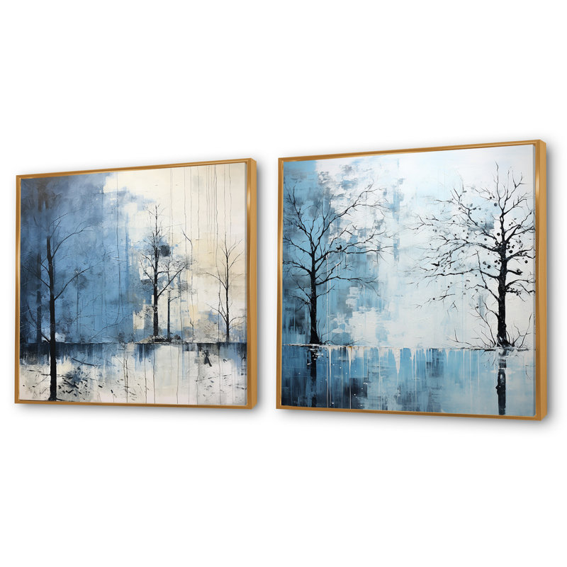 Minimalisme - Charm arbre bleu - ensemble de 2 arbres carrés, H 16 po x l 33 po, Cadre flottant doré