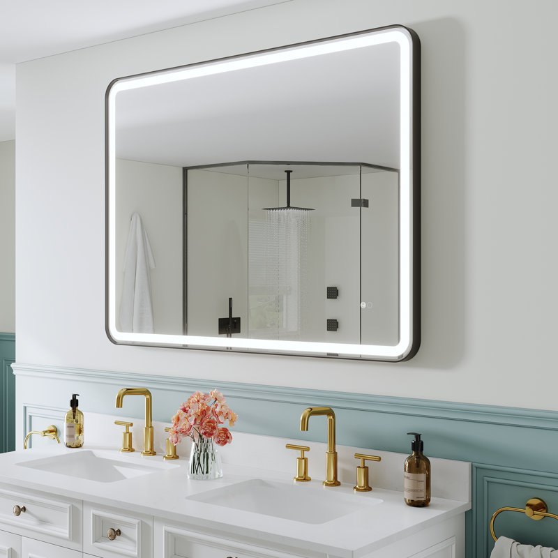Morrisania Wall Mounted Bathroom Framed LED Mirror With Anti- Fog,Memory Function And Touch Sensor, Matte Black, 36" x 48"