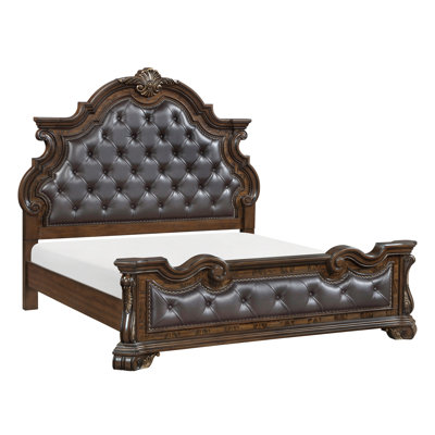 Tête de lit formelle traditionnelle à finition brun foncé capitonnée luxueuse avec détails ornés et décorations dorées 1pc