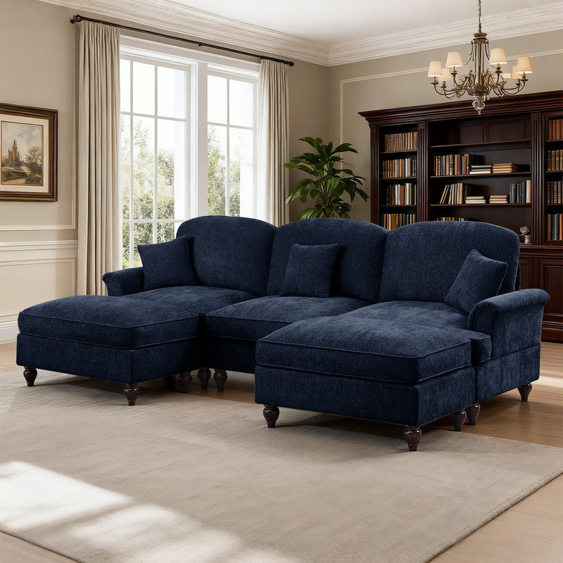 Canapé modulaire en U avec repose-pieds et jupe à volants amovible, Chenille bleu