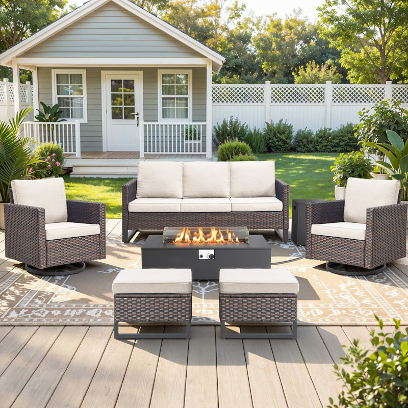 Kaelahni 6-Piece All Weather Wicker Patio Conversation Set With Swivel Gliders, Ottomans And Split Fire Pit Table, Beige