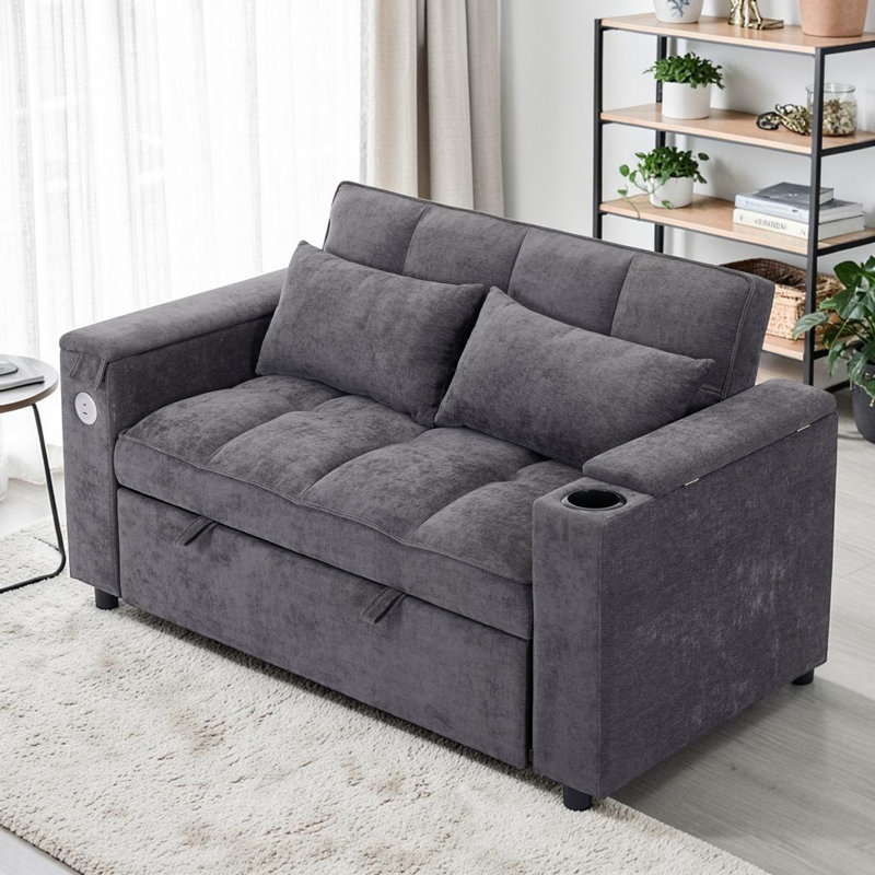 2 Seater Fabric Sofa Bed, Gray Fabric