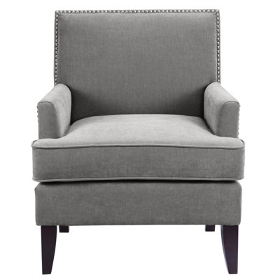 Chaise avec accoudoirs sur rail gris, mousse haute densité, pieds en bouleau, option d'ameublement club gris avec revêtement, finition des pieds, élément de décoration moderne