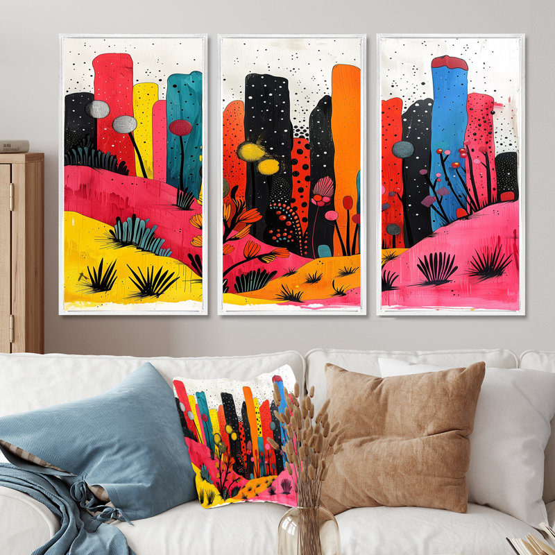 «Orange Orange Cityscape Pop Art I», ensemble d'art mural gratte-ciel, H 28 po x l 12 po x P 1 po