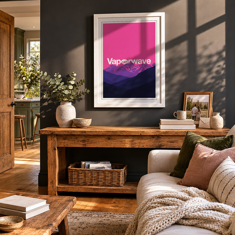 Vaporwave Mountains Retro - Framed Print, A4 - 29.7 x 21.0 cm, White