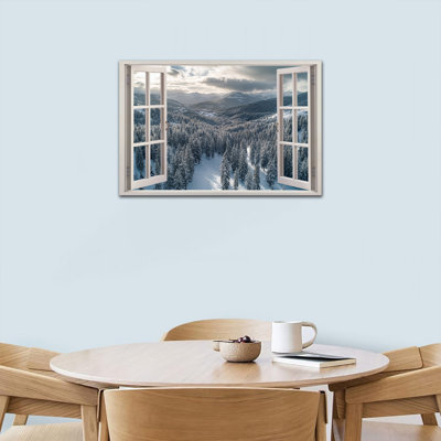 Toile, art mural, vue de fenêtre d'hiver encadrée, paysage de forêt enneigée, fausse fenêtre, paysage de merveilles d'hiver, salon, bureau de chambre à coucher, 12 po x 16 po