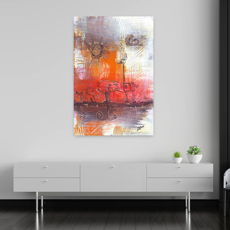 Whimsical African Safari Scene With A Lion Giraffe And Sun Rendered In Abstract Art Style by Rafal Kulik - Wrapped Canvas Print