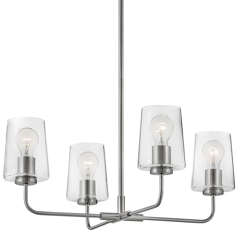 4-Light Single Tier Chandelier with Clear Tapered Glass Shades, Brushed Nickel