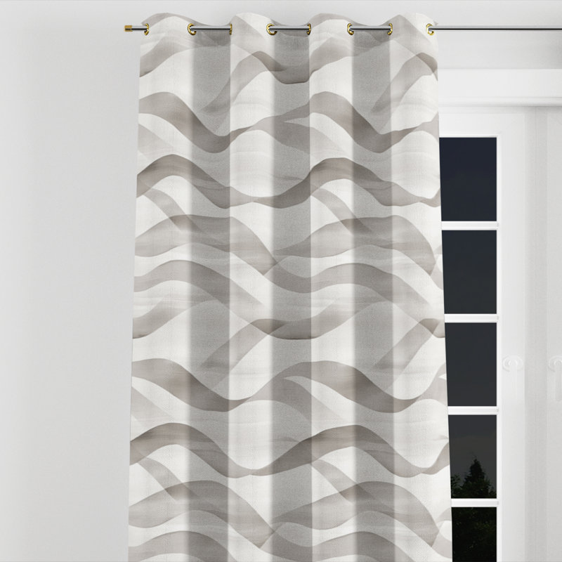 Abstract Curtain panels - Modern Wavy Line Beige Gray Grommet Curtain - 1 Panel, Gold Grommets, 52" W x 90" L