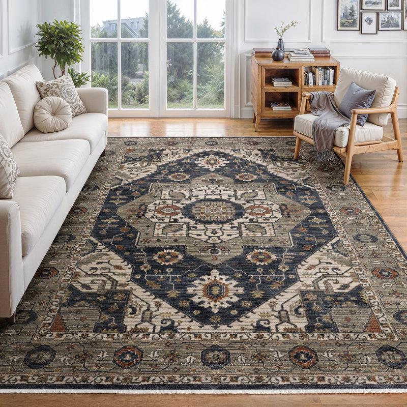Caia Traditional Center Medallion Blue/ Grey Area Rug, Rectangle 9'10" x 12'11"