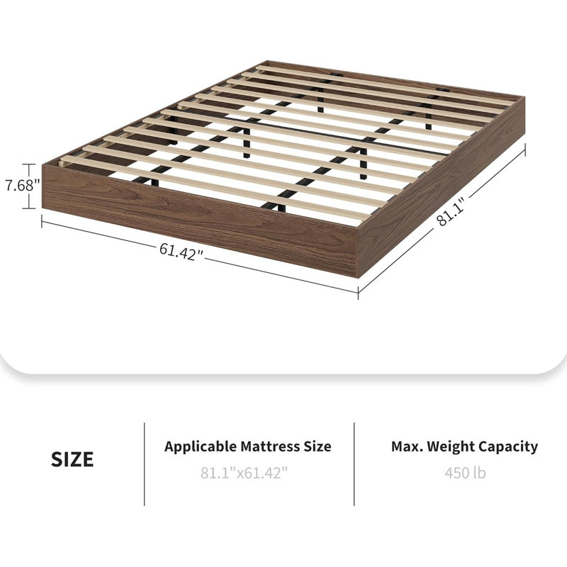 Modern Minimalist Wood Platform Bed Frame, Sturdy Floor-Standing Noise-Free Bed No Headboard, Brown, Queen