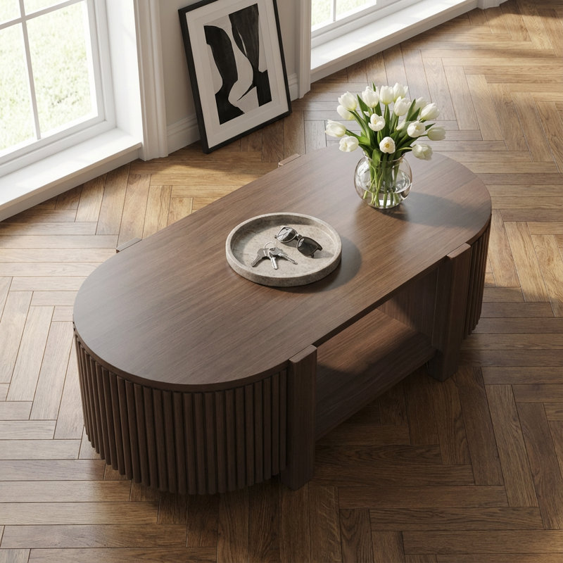 Table basse ovale cannelée avec rangement pour l'organisation moderne du salon
