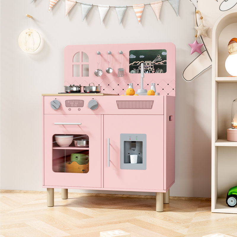 Wooden Kids Play Kitchen Set With Real Lights & Sounds, Interactive Pretend Kitchen With Knob Sounds, Sink, Water Dispenser, 6 Pcs Cookware & Chalkboard Panel For Toddlers And Children(pink)