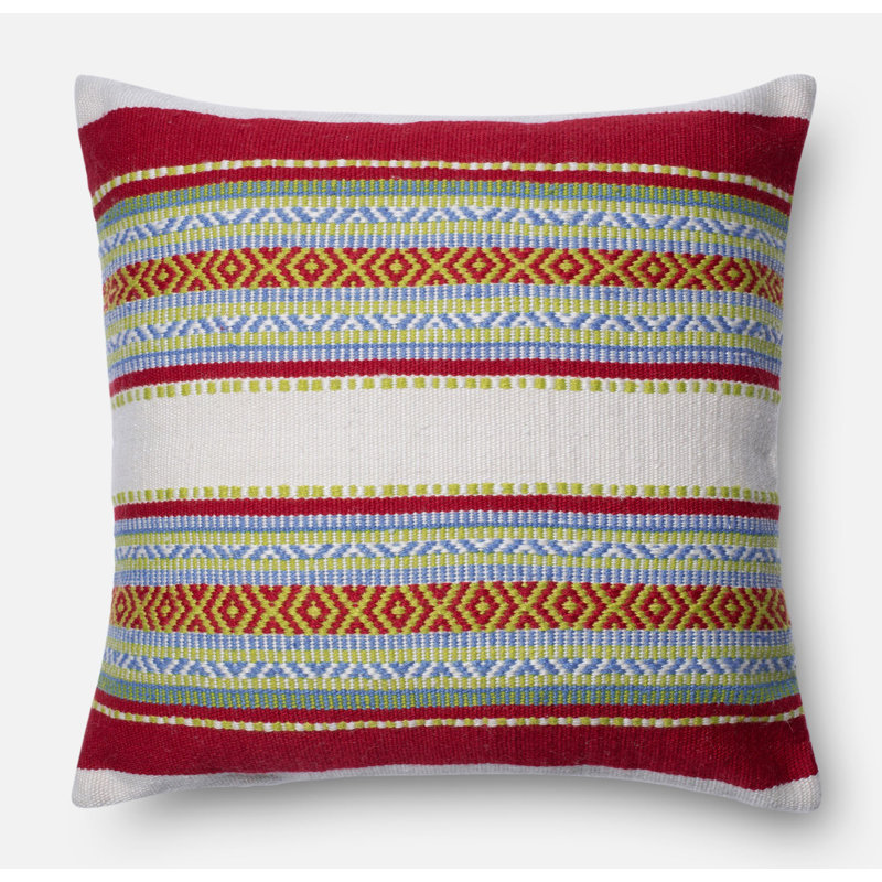 Red and Multicolor Striped 22" Square Throw Pillow Cover