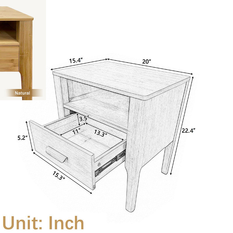 20" Width Night Stand, Bedroom Nightstand with Drawer, Natural