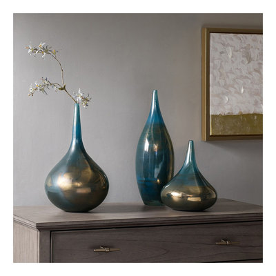 Ensemble de 3 vases en verre bleu et bronze