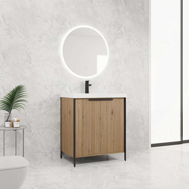 Meuble-lavabo autoportant de 30 po avec lavabo en résine et 2 portes d'armoire à fermeture en douceur (emballage KD)