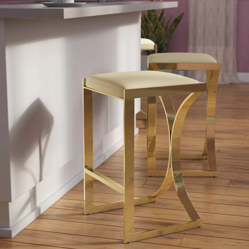 Peniste Faux Leather and Iron Backless Stool with Footrest, Gold, Cream, Counter Stool (24” Seat Height)