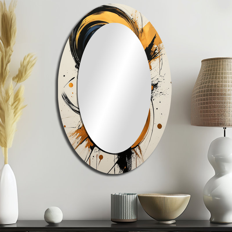 Abstract Circle In Blue And Gold Tones II - Abstract Oval Decorative Mirror On Metal, 36" x 24"