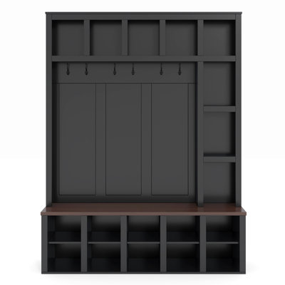 Farmhouse Wooden Hall Tree with 6 Hooks, Walnut Storage Bench, and Adjustable Shelves for Entryway Organization