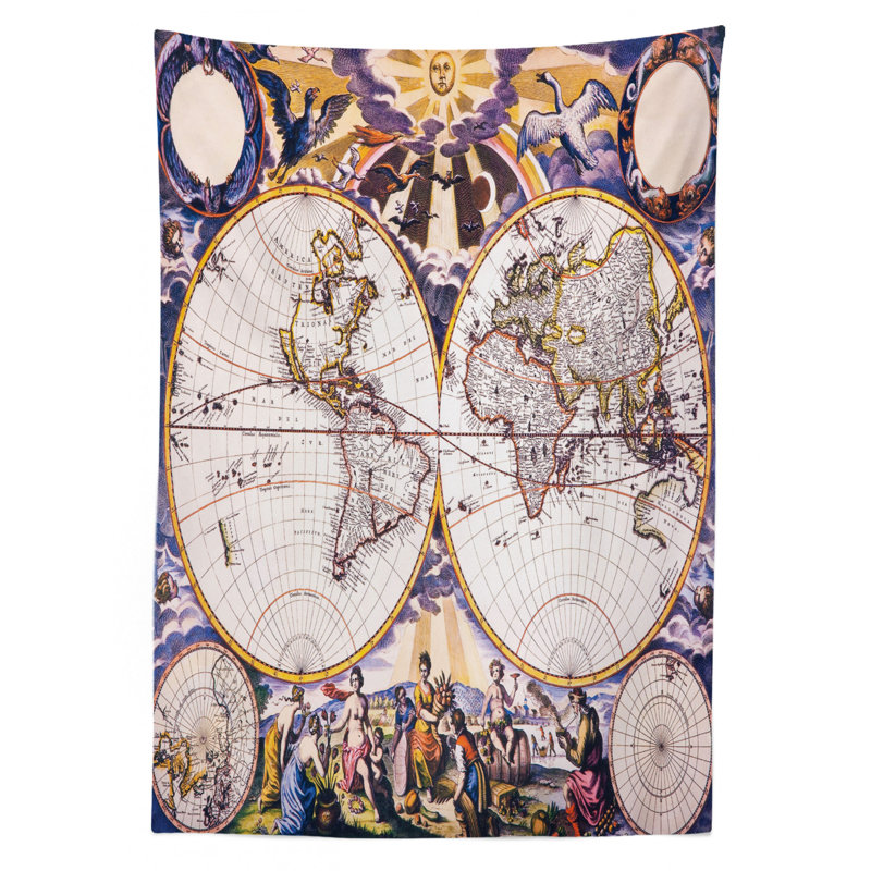 Ambesonne World Map Tablecloth, Antique Map With Farmers Field Sun Birds Clouds Fantasy Sky In Old Painting Style, Rectangular Table Cover For Dining Room Kitchen Decor, 52" X 70", Multicolor