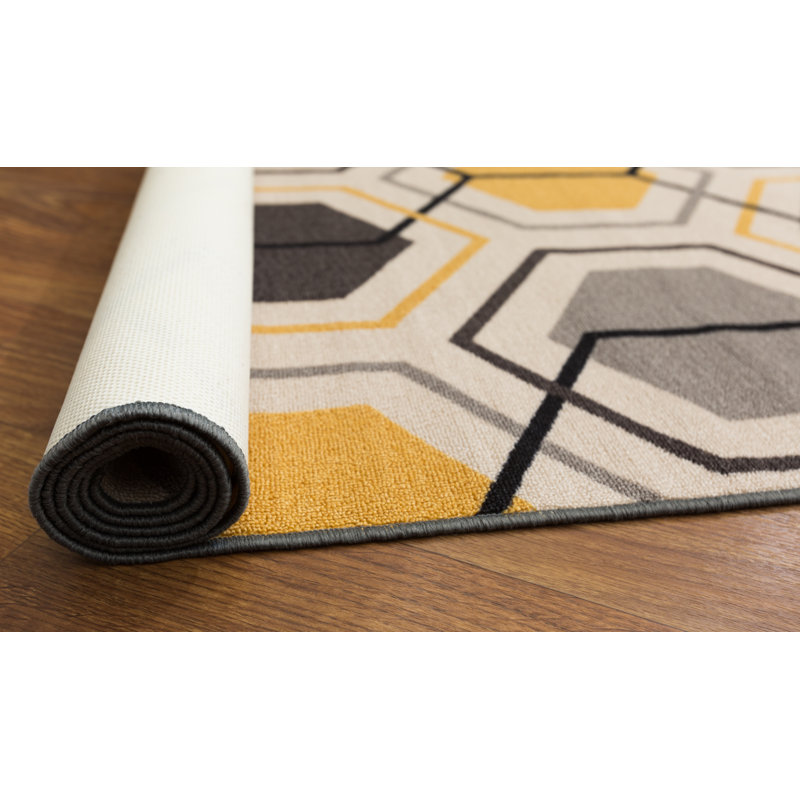Rymann Geometric Yellow/Gray/Black Non-Slip Rubberback Area Rug, Rectangle 7'10" x 10'