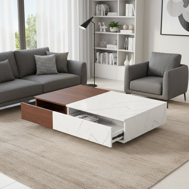 Table basse de style moderne (style noyer), comprenant deux espaces de rangement, une esthétique équilibrée et un rangement quotidien