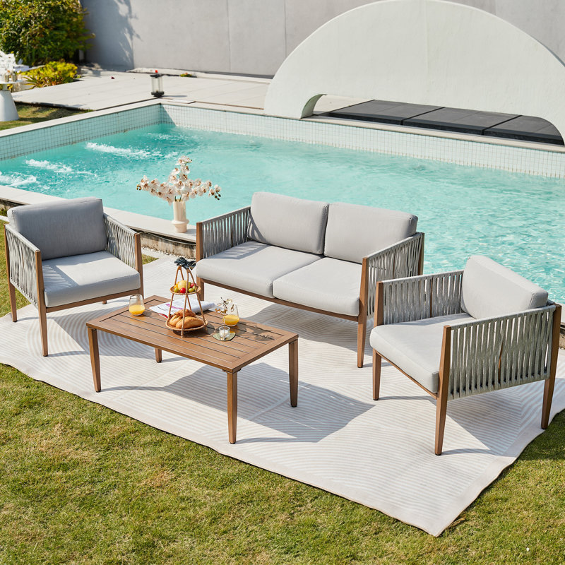 4 Pieces Patio Furniture Sets, Outdoor Patio Seating Group With Handwoven Rope, Wooden Grain Printing Metal Frame