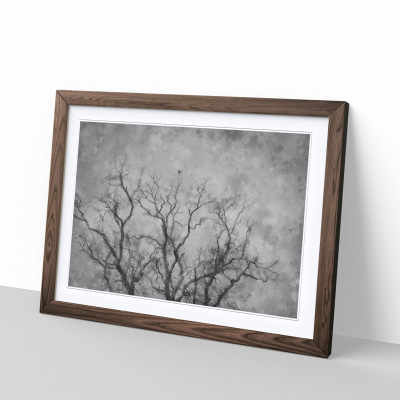 Bird In A Winter Tree Painting - Single Picture Frame Print on MDF, 62cm H x 87cm W x 2cm D, Walnut