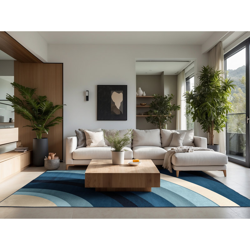 Soft Plush Fairbanks Sydney Opera House Modern & Contemporary Arc Area Rug in Blue – Navy Binding, 2x5