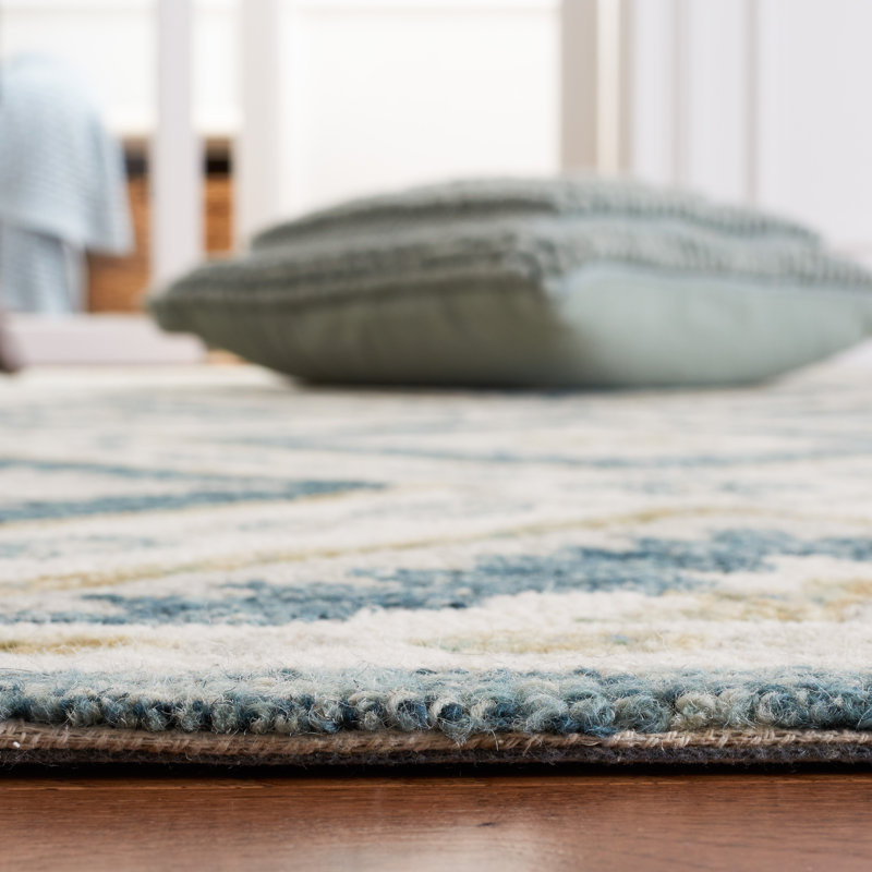 Ivory and Blue Hand Tufted Wool Rectangular Rug