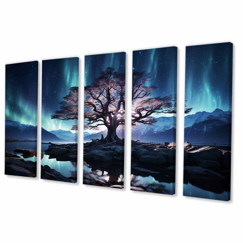 «Blue and Pink Tree In Northern Lights II», ensemble d'art mural 5 pièces, H 32 po x l 80 po