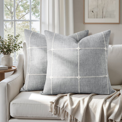 HOMEIDEAS Faux Linen Decorative Throw Pillow Covers, Farmhouse Checkered Embroidered Cushion Covers for Couch Sofa