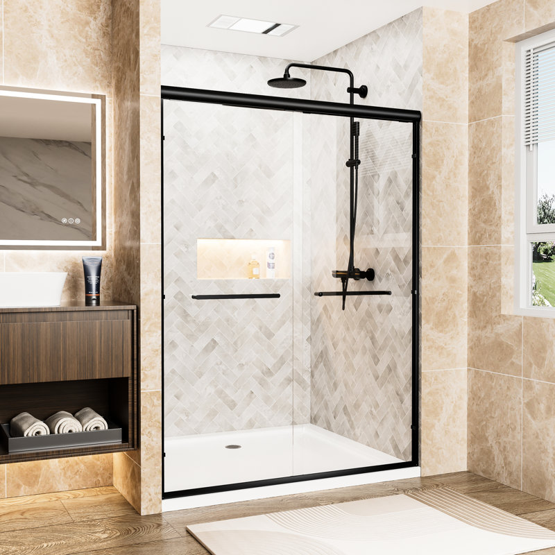 Matte Black Aluminum Frame Double Sliding Shower Door 54" W X 72" H, 1/4"  6Mm  Clear Tempered Glass With -Proof Film, Waterproof And Easy To Install In Bathroom Wide High Glass, Frame, , Waterproof,