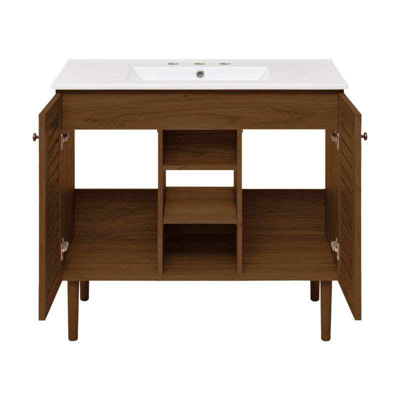 Bron 36" Freestanding Bathroom Vanity in Brown Oak with 3-Hole Widespread Sink Top, Brown Oak, White, 8" Widespread