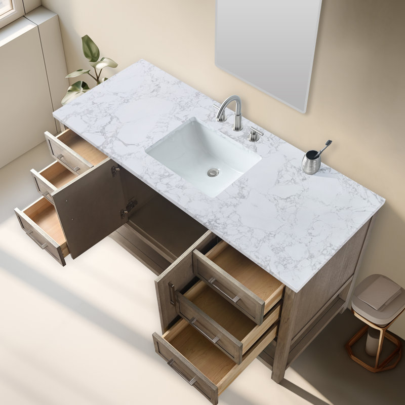 Stratford 60'' Single Bathroom Vanity with Engineered Stone Top, Vintage Gray/Brushed Nickel