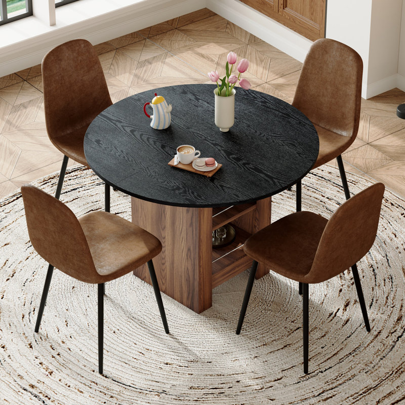 Table de salle à manger 42 "Mid-Century, 5 pièces: table, 4 chaises, Noir, Brun