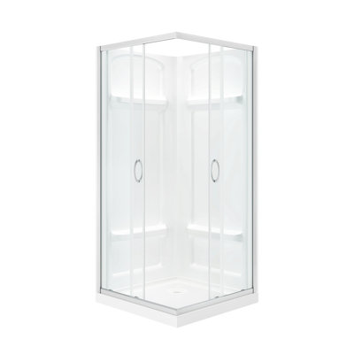 Ensemble de douche de coin carré en nickel Breeze L 36 po x l 36 po x H 72,83 po, porte coulissante transparente, parois et casserole en acrylique