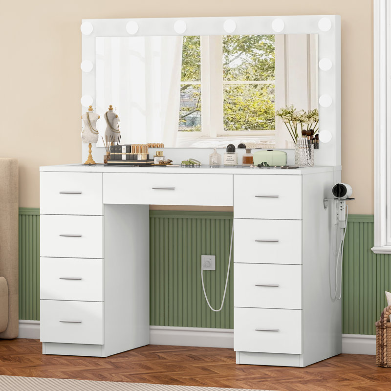 Grand meuble-lavabo de maquillage avec luminosité réglable à 3 modes et prise de courant, bureau de coiffeuse avec 9 tiroirs et bureau en verre