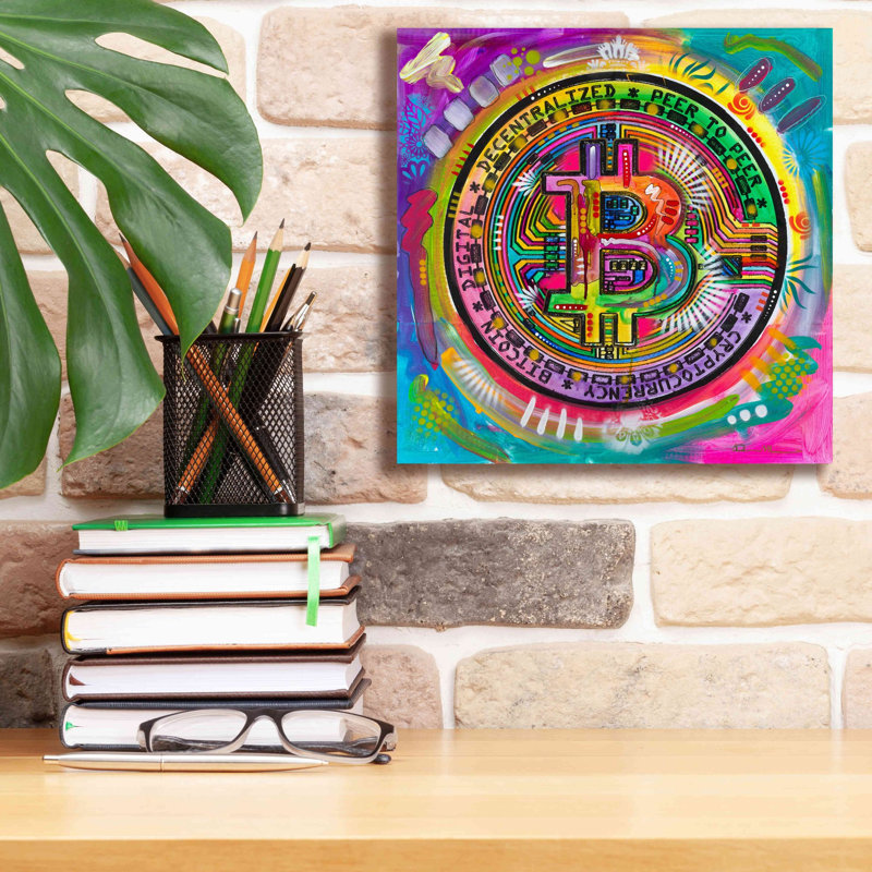 «Bitcoin» par Dean Russo - peinture sur toile tendue, H 12 po x l 12 po x P 0,75 po
