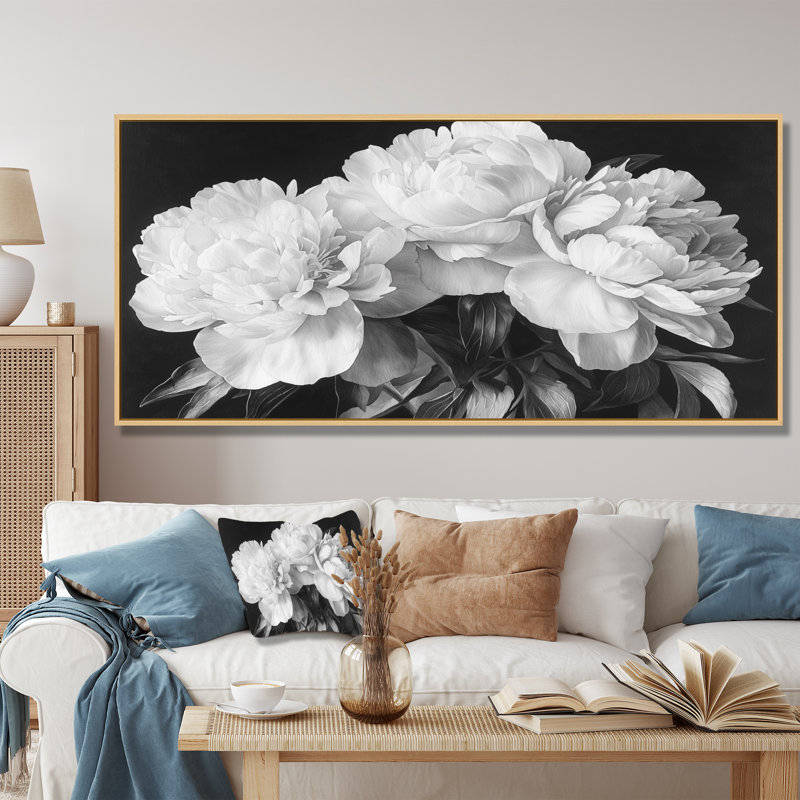 Pivoines en blanc et noir - impression sur toile encadrée de pivoines, H 28 po x l 60 po, Toile tendue, Ne s’applique pas