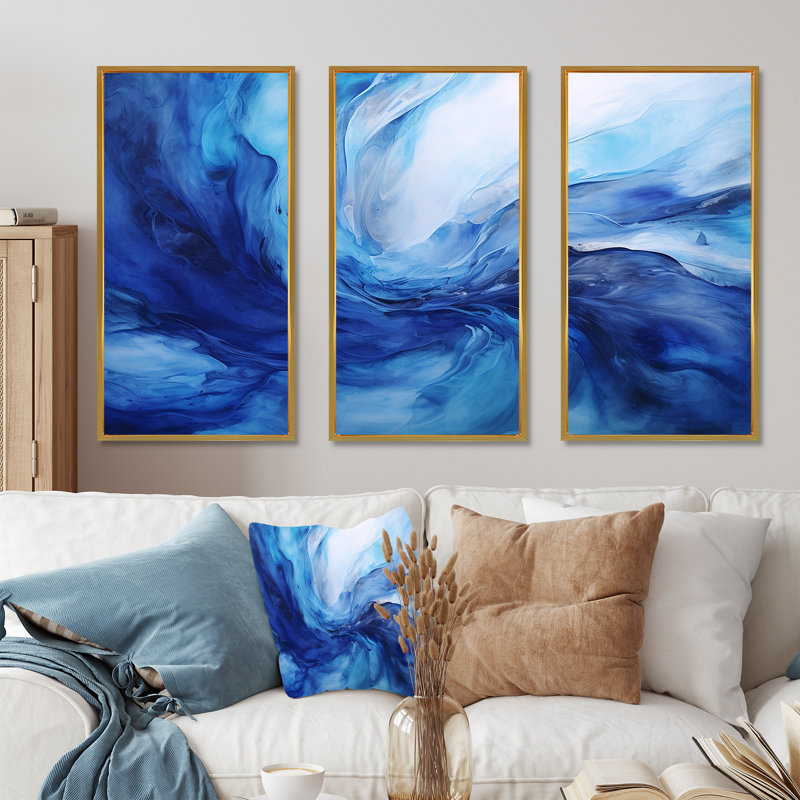«Blue Emotional Tachism Waves 2» - art mural tachisme, Cadre flottant doré, H 40 po x l 60 po x P 1 po